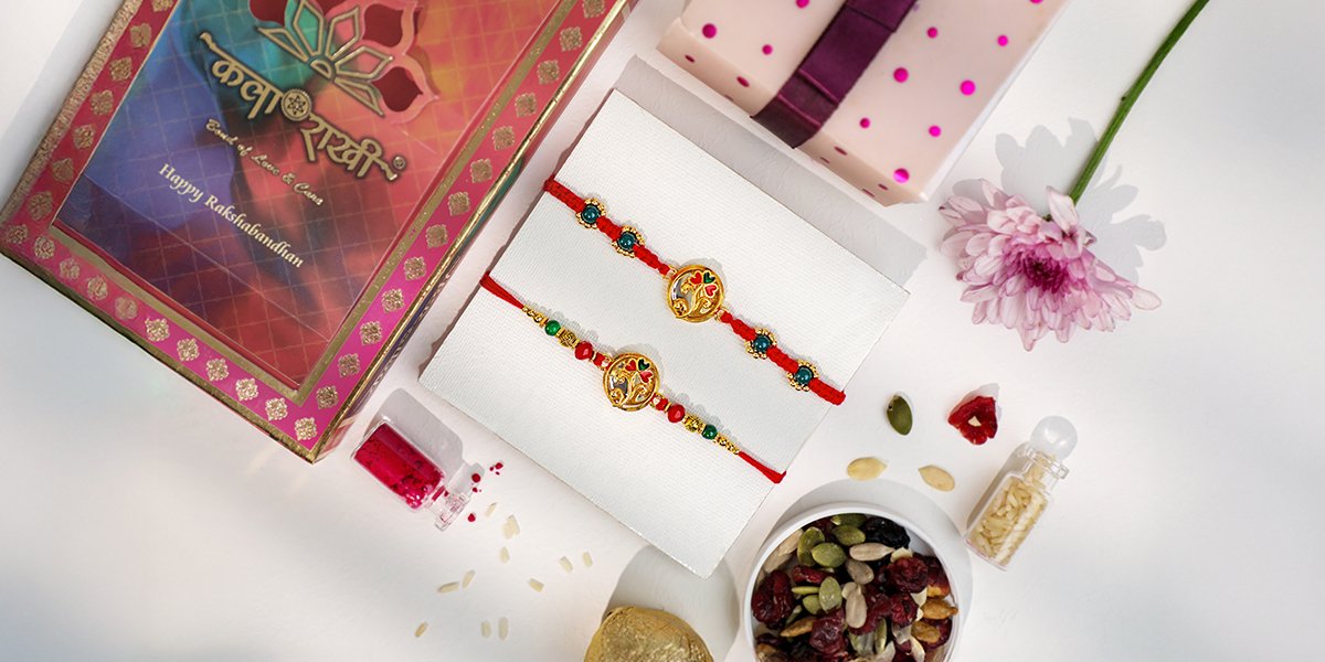 Premium Bhaiya Bhabhi Rakhi set with colorful beads and traditional design by Kala Rakhi