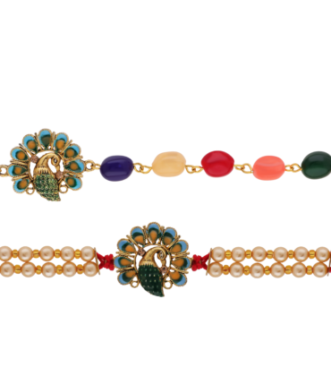 Peacock Design Bhaiya Bhabhi Rakhi Set with Colorful Beads and Pearls