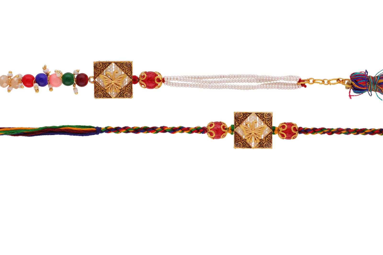 Handcrafted Butterfly Bhaiya Bhabhi Rakhi Set with Pearls and Beads