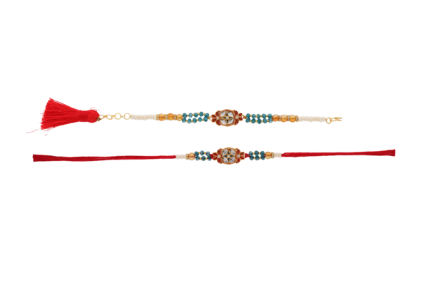 Kundan Floral Rakhi Set – Blue & Golden Beads Bhaiya Bhabhi Rakhi | Traditional Handmade Rakhi by Kala Rakhi - Image 2