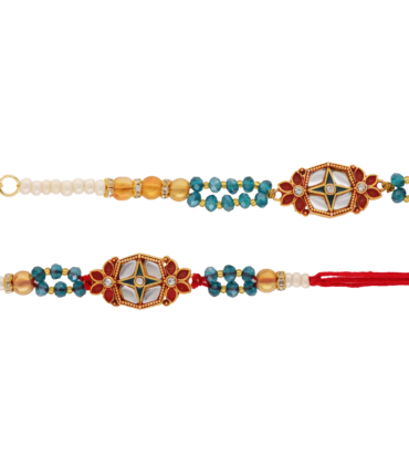 Kundan Floral Bhaiya Bhabhi Rakhi Set with Blue and Golden Beads