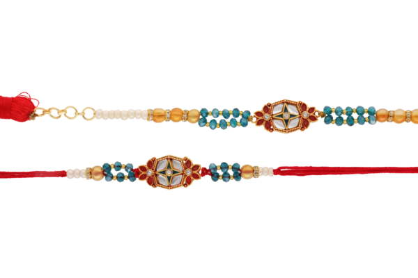 Kundan Floral Bhaiya Bhabhi Rakhi Set with Blue and Golden Beads