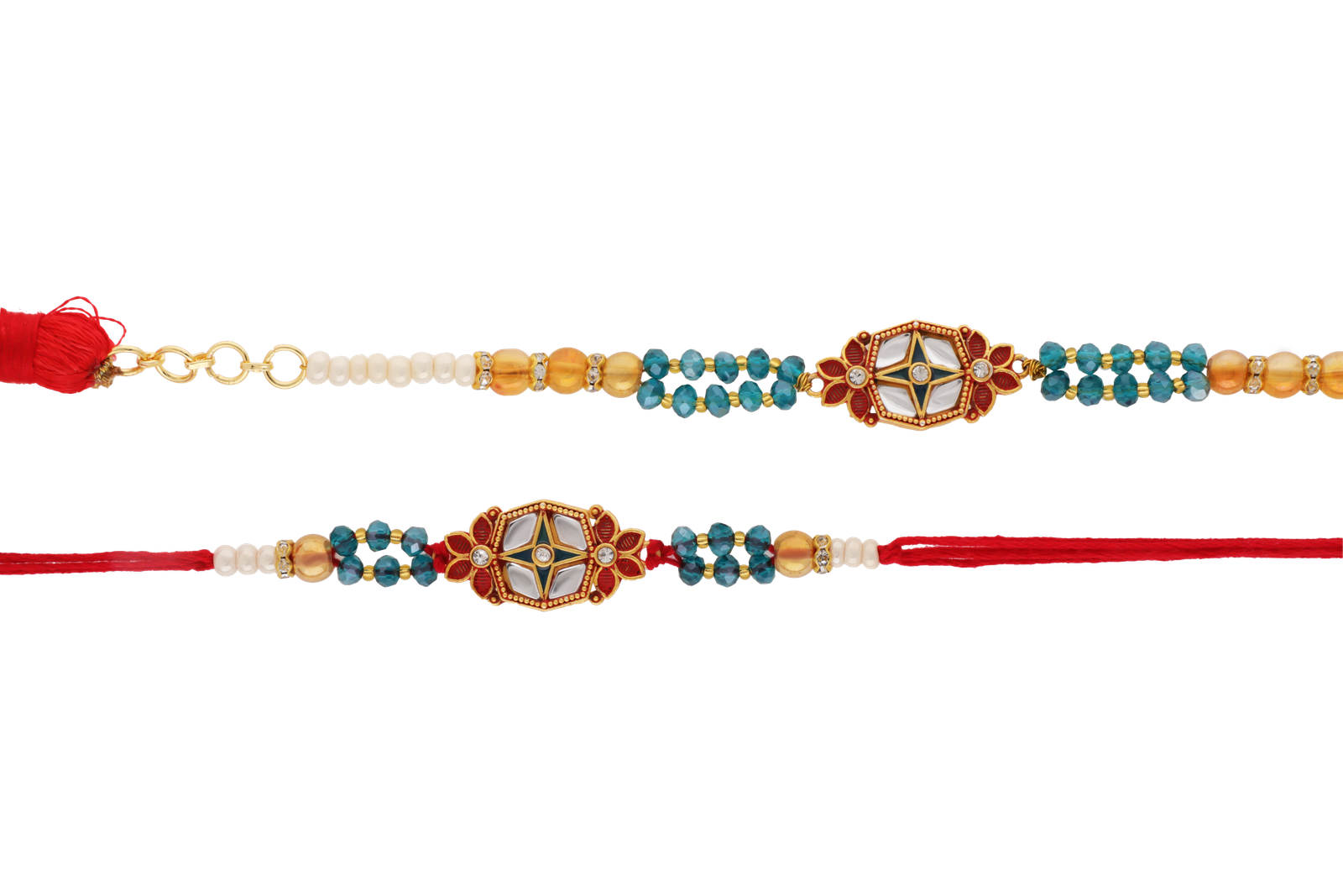 Kundan Floral Bhaiya Bhabhi Rakhi Set with Blue and Golden Beads
