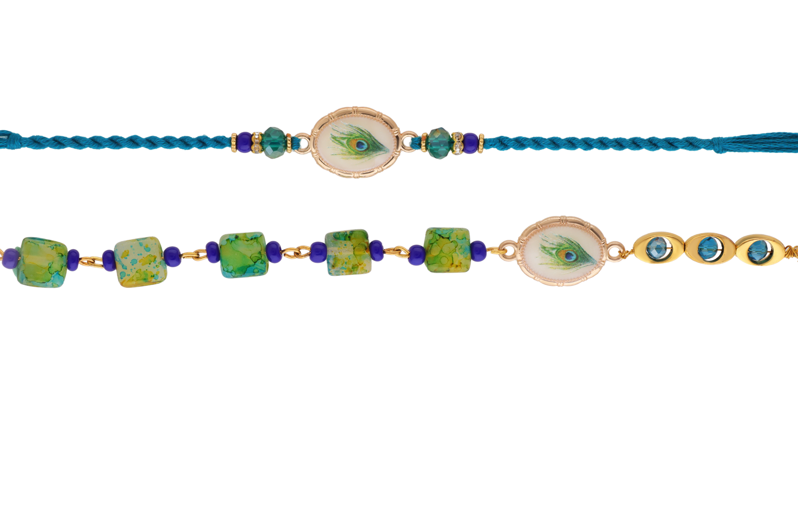 Artistic Peacock Evil Eye Rakhi Set with Blue and Green Beads