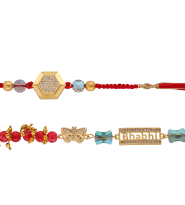 Designer Lumba Bhaiya Bhabhi Rakhi Set with Gold & Red Thread and Crystal Beads – Kala Rakhi