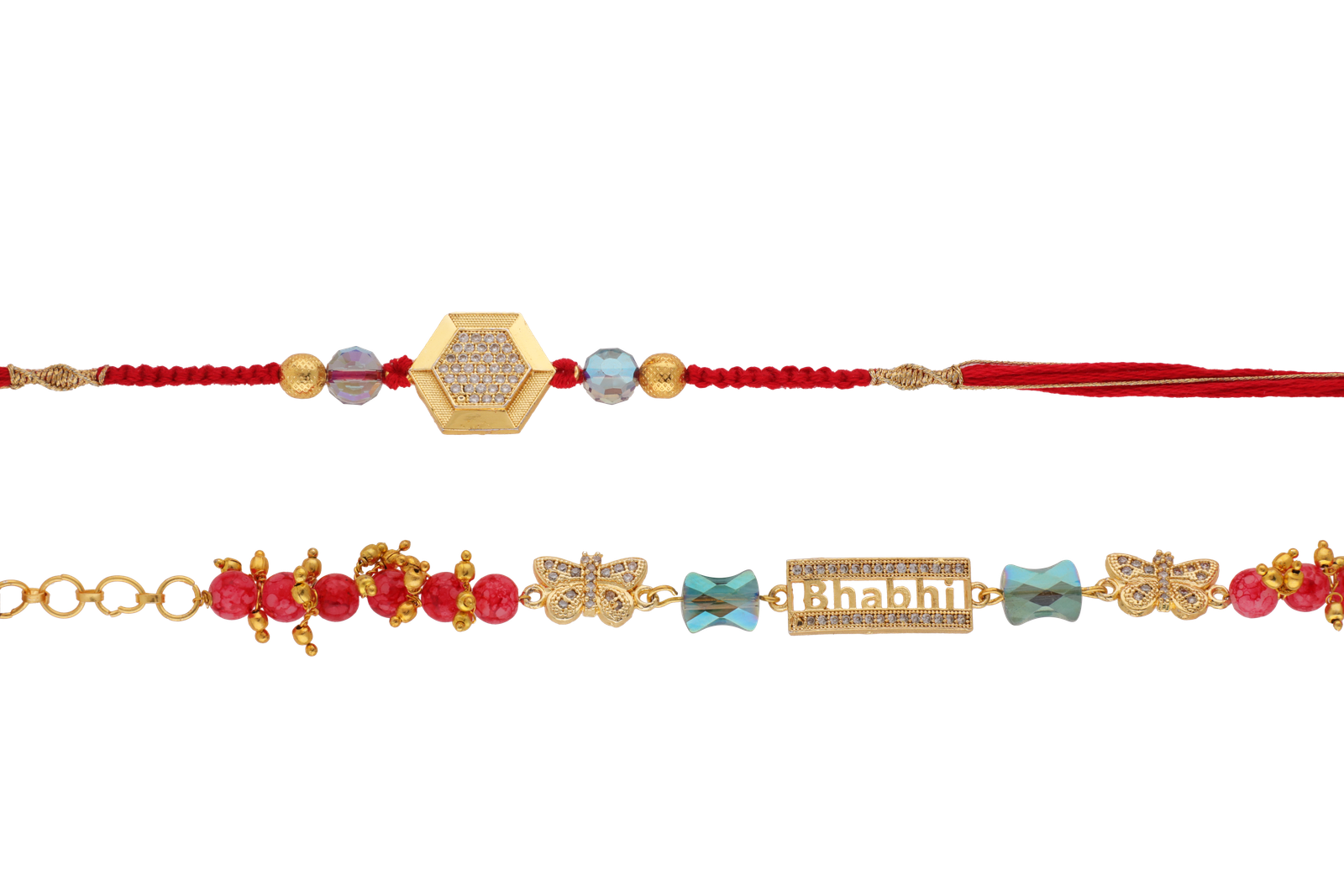 Designer Lumba Bhaiya Bhabhi Rakhi Set with Gold & Red Thread and Crystal Beads – Kala Rakhi