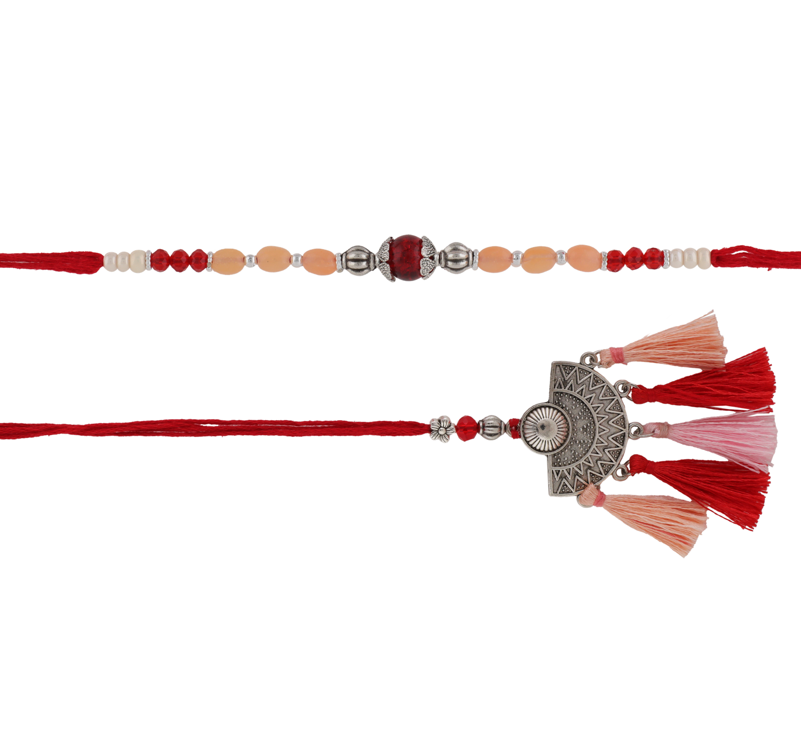 Traditional Lumba Bhaiya Bhabhi Rakhi with Antique Silver Charm and Tassels – Kala Rakhi