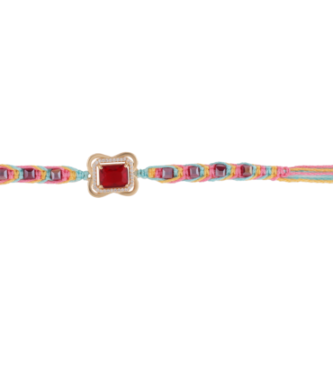 Handcrafted AD stone rakhi with red centerpiece and multicolor thread – designed by premium rakhi manufacturer Kala Rakhi