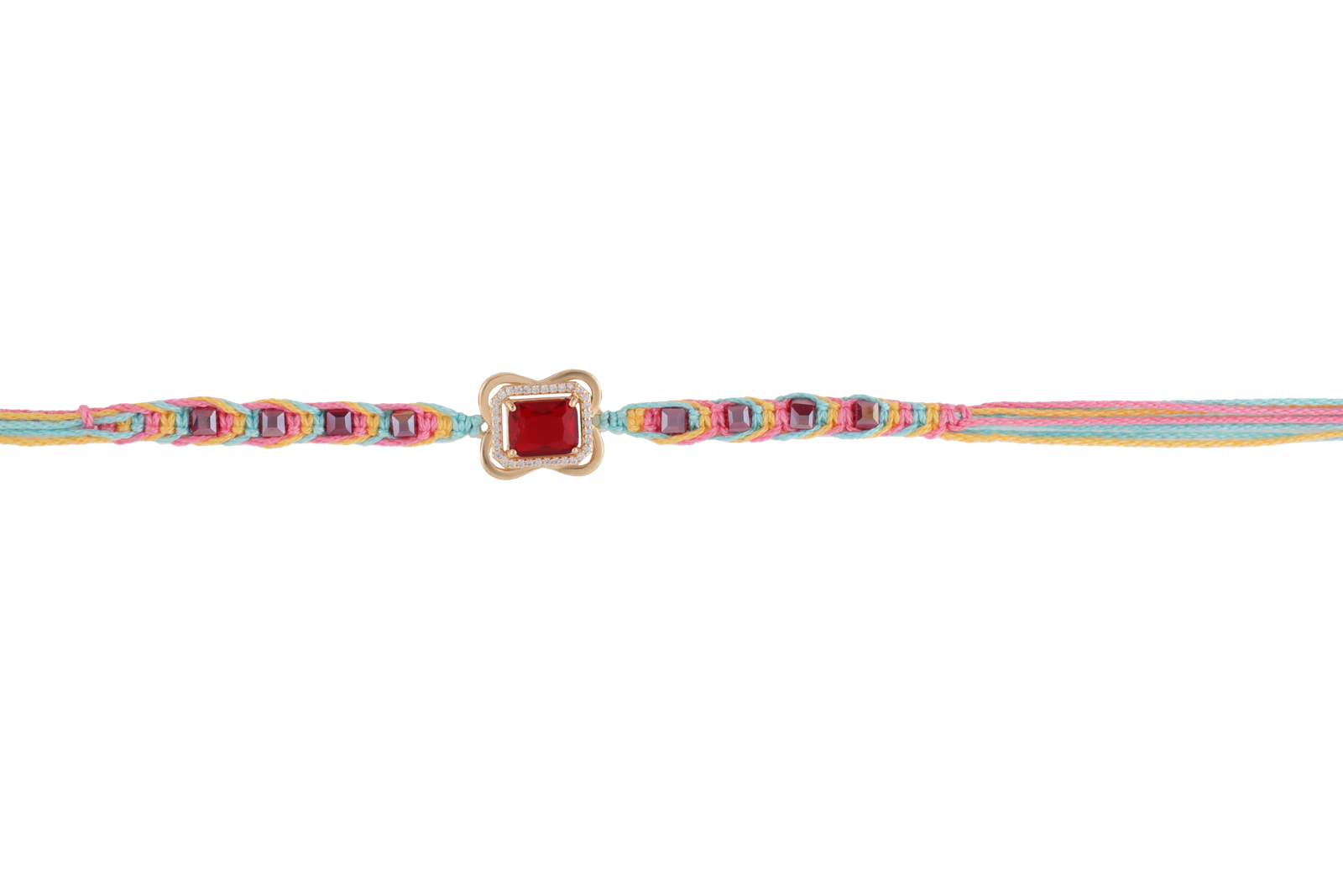 Handcrafted AD stone rakhi with red centerpiece and multicolor thread – designed by premium rakhi manufacturer Kala Rakhi