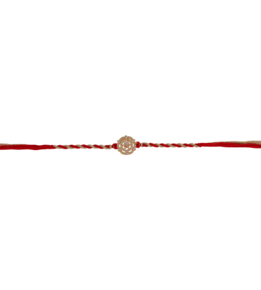 Designer Rakhi with gold floral centerpiece and red-golden thread
