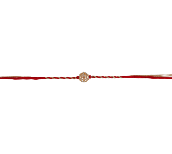 Designer Rakhi with gold floral centerpiece and red-golden thread