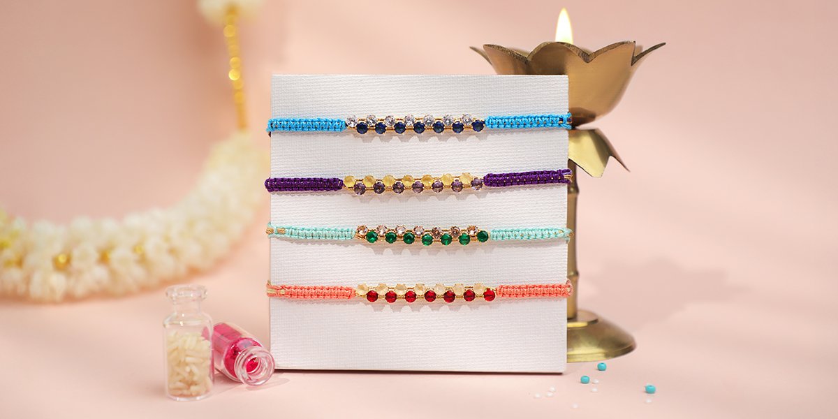 Set of colorful handcrafted rakhi designs with premium thread and stonework – Kala Rakhi